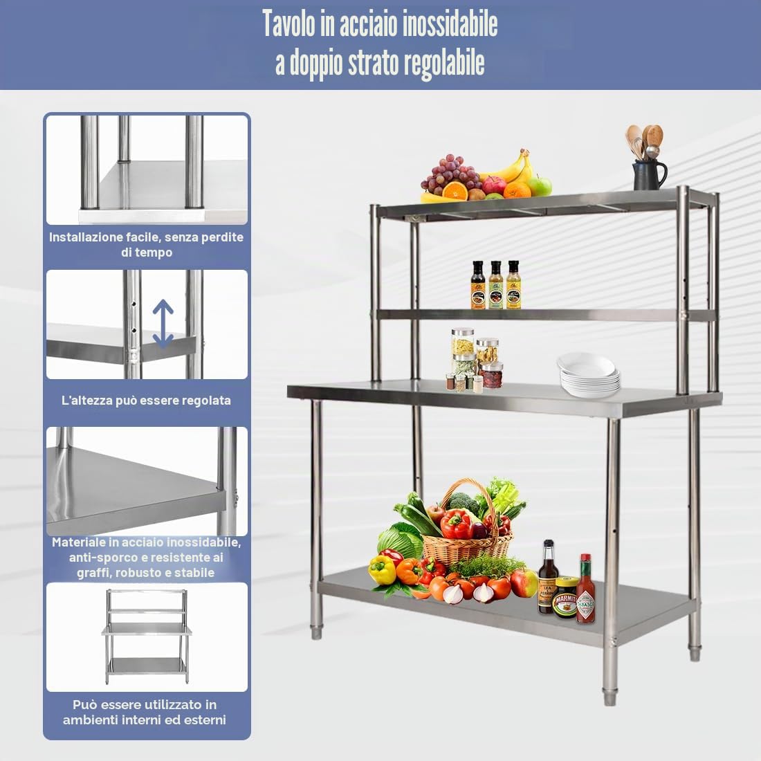Banco da Lavoro Acciaio 120x60x80cm Regolabile 250kg per Cucina | Resistente, Facile Pulizia, Antiruggine, 2 Ripiani, Spazio Inferiore, per Ristorante, Officina, Hotel, Giardino