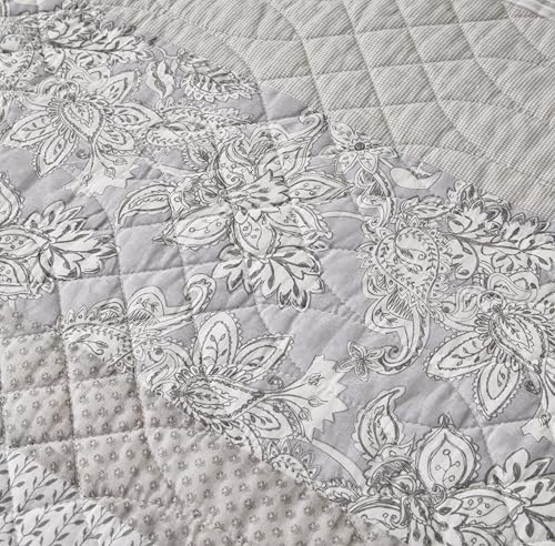 Chezmoi Collection Robyn 3-Piece Neutral Taupe Gray White Floral Hibiscus Flower Patchwork Striped Quilt Set - Pre-Washed Cotton Coverlet - Lightweight Reversible Bedspread, King Size - Image 7