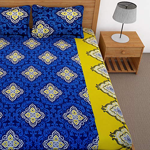Image of Story@Home 120 TC 1 Bedsheet for Double Bed Cotton with 2 Pillow Covers, Motif Pattern, Blue & Yellow