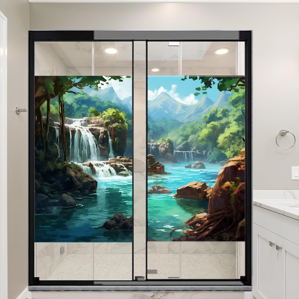 Modern Landscape Privacy Window Film Abstract Stream Waterfall Rustic Stained Glass Window Coverings Adhesive Sticker Frosted Window Film for Home Office Stores 31.5Wx47.2L-inch x2 Pcs