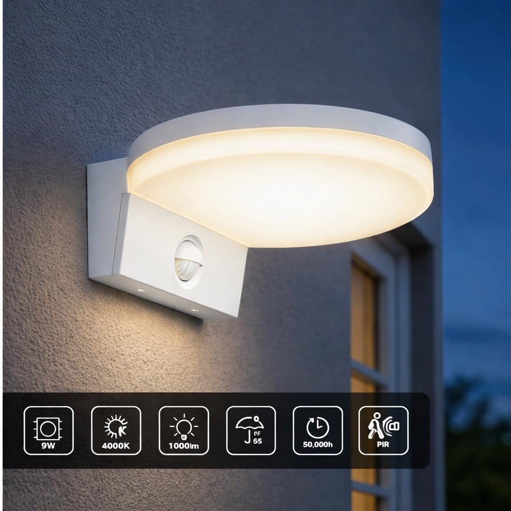 Lampa Zewnętrzna LED z Czujnikiem Ruchu PIR 15W 4000K Barwa Neutralna Biel 1300lm Szeroki kąt świecenia >80° Oświetlenie Zewnętrzne Taras Ogród Parking IP65 (biały)