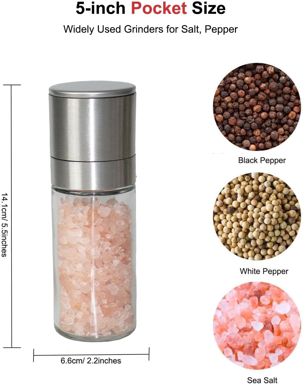 Pepper Grinder Salt Grinder, 5 inch Stainless Steel Pepper Mill w/Adjustable Coarseness, Refillable Salt with Funnel, Cleaning Brush, Manual Pepper Grinder for Black Peppercorns