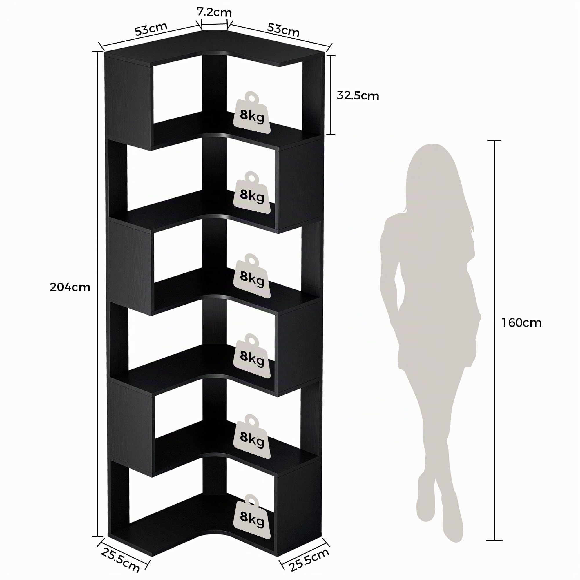 IRONCK Bücherregal 6 Ebenen Eckregal 204cm Hoch L-förmiges Standregal mit Schutzleiste, Holz offenes Regal & Aufbewahrungsregal für Wohnzimmer, Büro, Schlafzimmer, Schwarz
