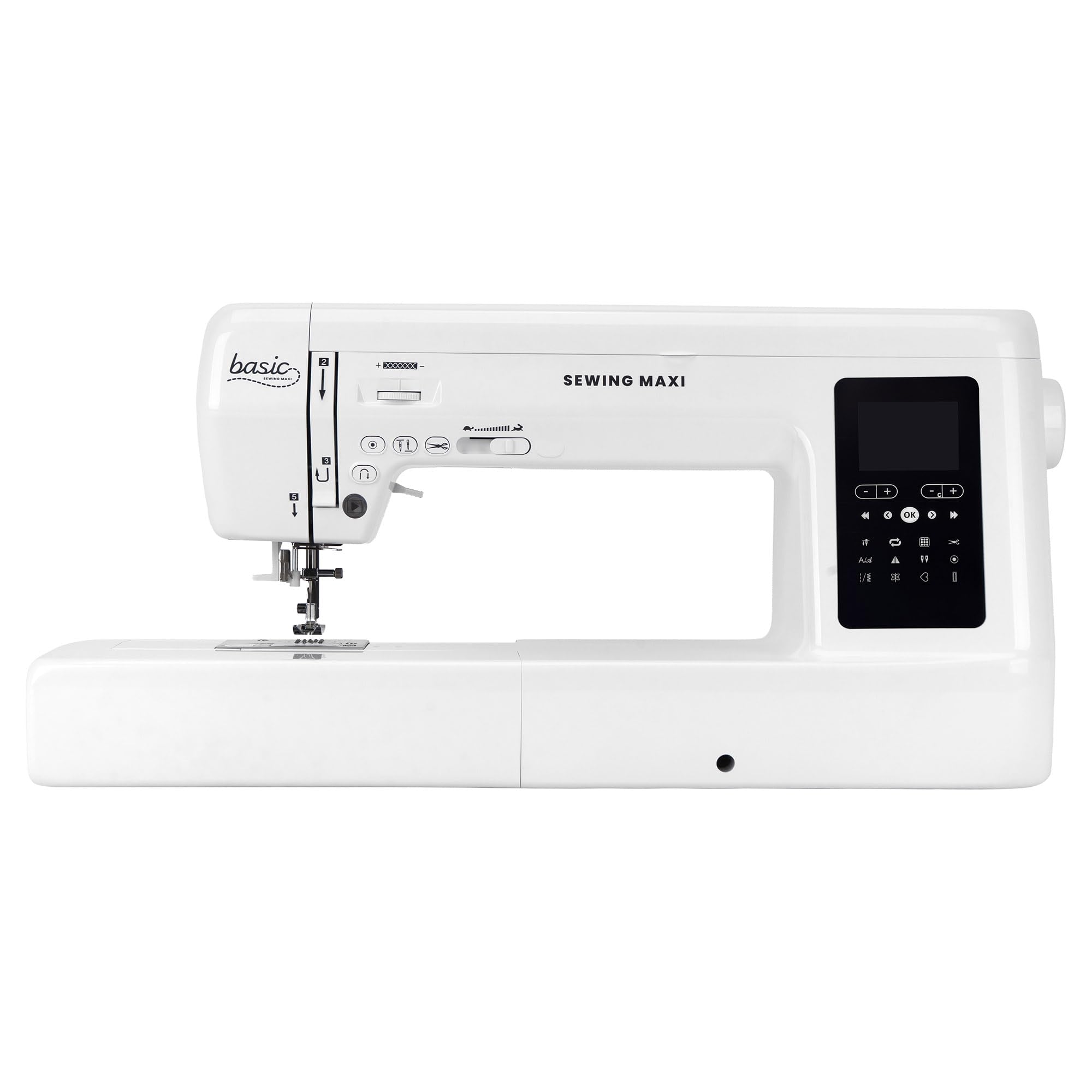 Nähwelt Flach Basic Sewing Maxi Computer-Nähmaschine – Langarm Nähmaschine mit 30 cm Durchlass, 200 Stichen, LCD-Display & Kniehebel, 1000 Stiche/Min