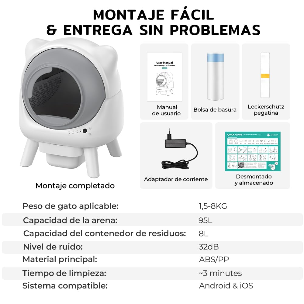 Redkey X1 Arenero Gatos Autolimpiable, 95L Arenero Eléctrico Automático para Gatos, Eliminación de Olores, Control App, Compatible con Todo Tipo de Arena, para Hogares con Múltiples Gatos (Blanco)