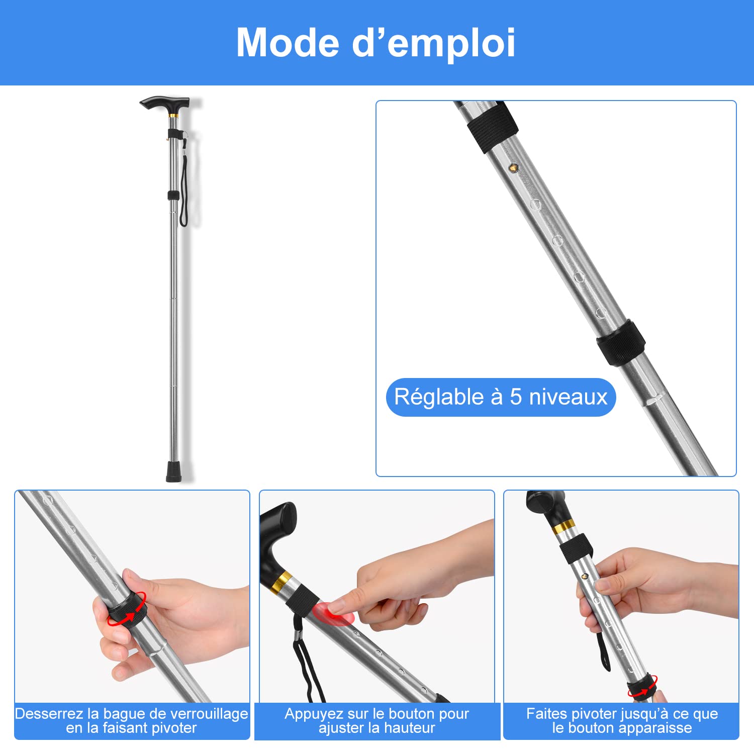 supregear Canne Pliante, Hauteur Réglable à 5 Niveaux Canne de Marche Légère Portable Bâtons de Voyage avec Dragonne et Poignée en T pour Personnes Âgées Handicapées Hommes Femmes - 3