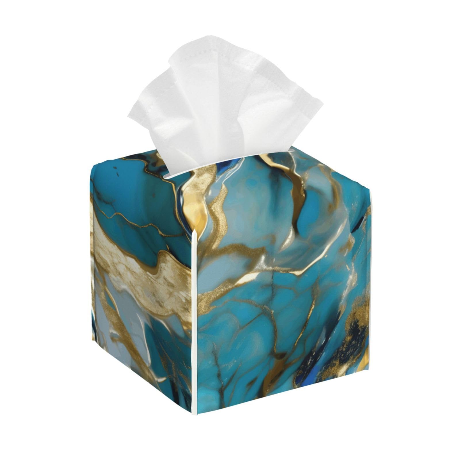 Fbghhty Women's White Azurite Teal And Foil Gold Oil Marble Pattern Print Tissue Box Square Living Room Office Decor Organizer Holder Home Accessories Gift