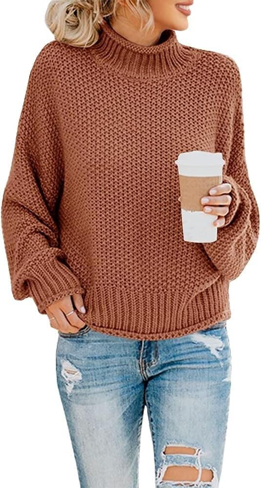 Safwel Unisex Brown1 Womens Turtleneck Oversized Jumper Batwing Long Sleeve Pullover Loose Chunky Knit Sweaters (Color : Size : S)