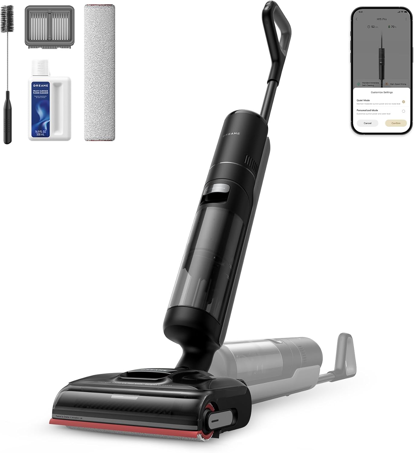dreame H15 Pro Aspirateur Laveur, Bras robotisé AI DescendReach, Triple arête, 21 000 Pa, antinœuds, Lavage Brosse immersif 100°C, séchage 5 Min 90°C, contrôle par Application, portée à Plat 180°