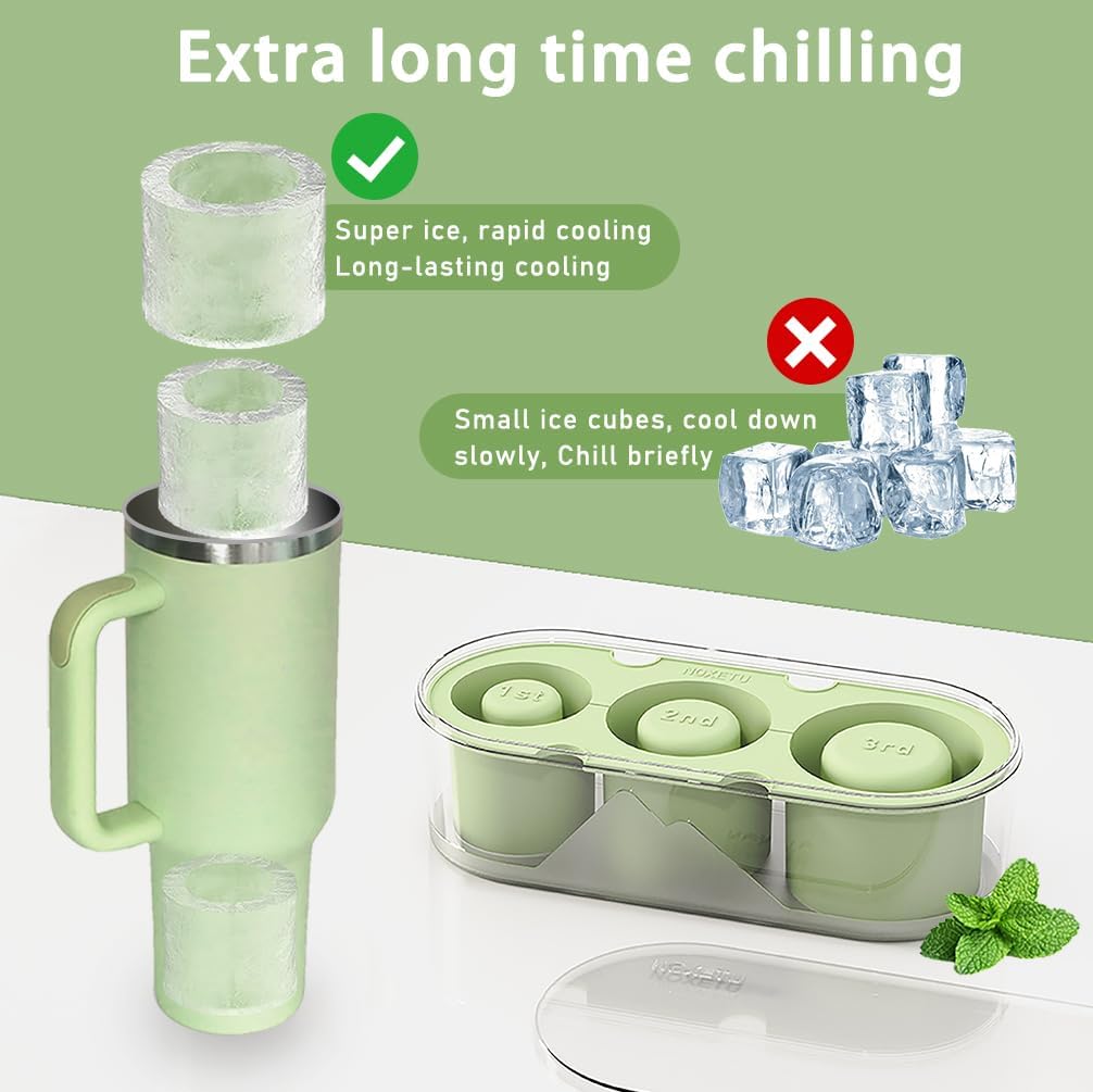 2PC Ice Mold for Stanley Cup 30/40 Oz - Easy Fill and Release Without Touching Ice, Silicone Ice Cube Tray with Clear Lid and Bin for Freezer, Whiskey, Cocktail (Green+Green)