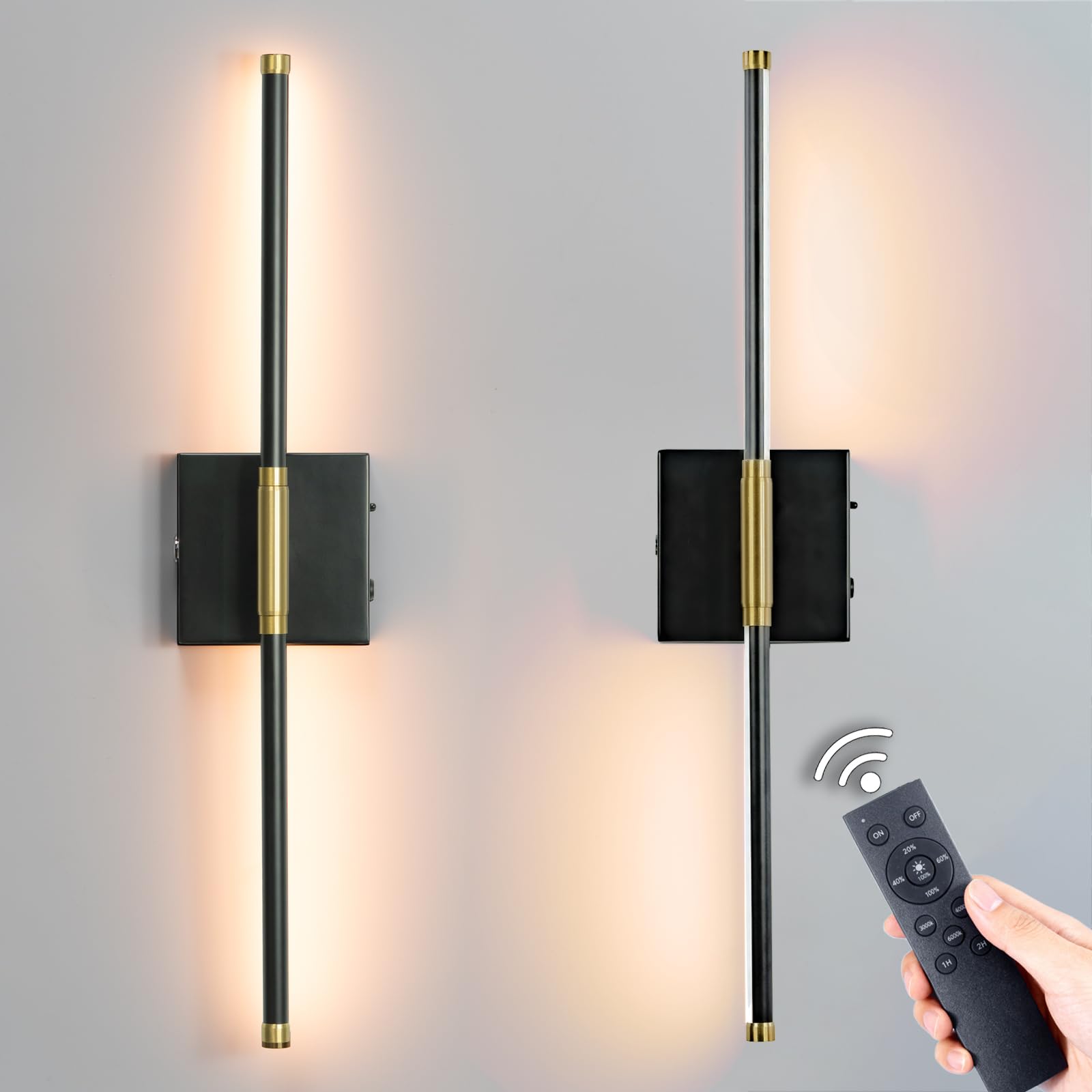 URLIGHTS Battery Operated Wall Sconce Set of 2,Wireless Magnetic Wall Light with 3 Color Lighting,Remote Control Touch Button,Metal Wall Lamp for
