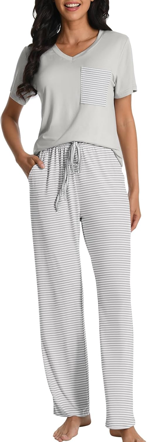 COSSEN Women’s Pajama Set 2 Piece Super Soft Sleepwear Short Sleeve Top and Pants with Pockets Long Sleeve PJ Sets - Image 2