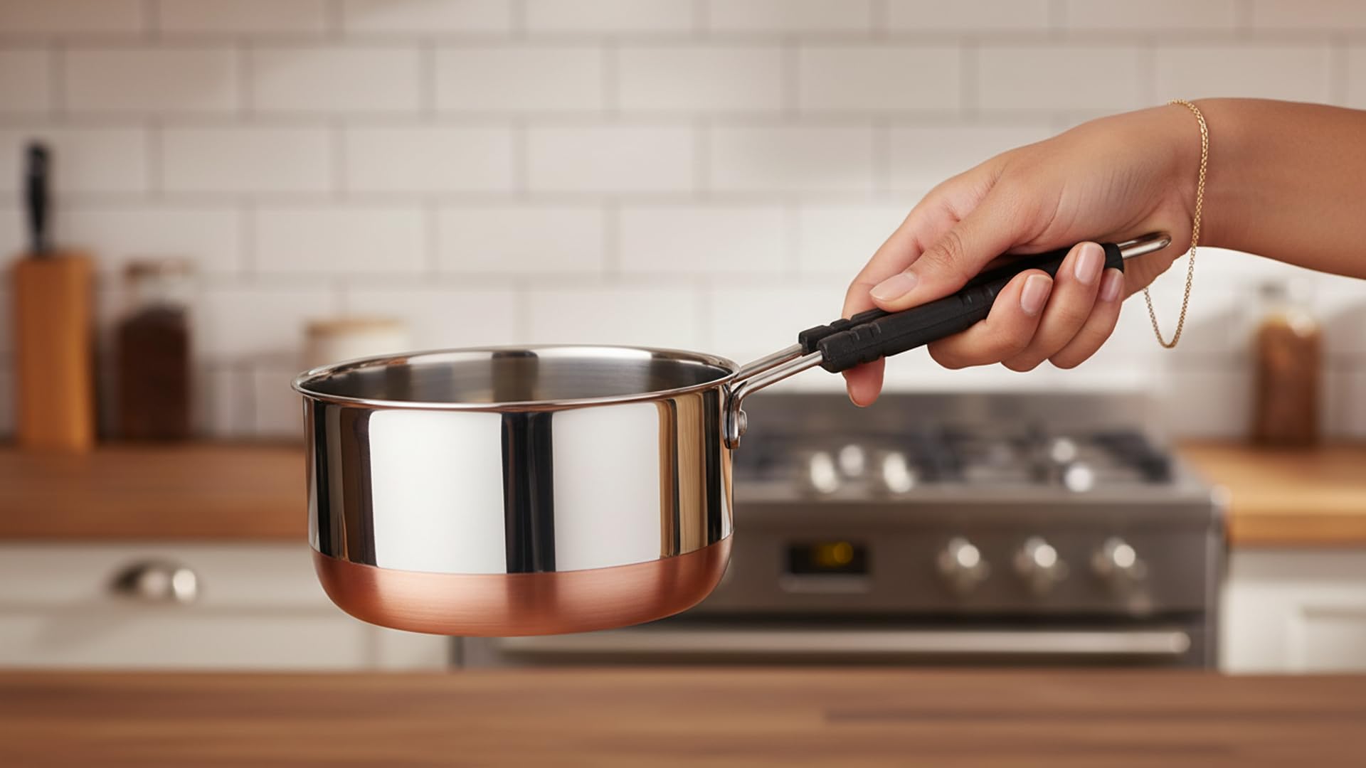 SVS ONLINE Stainless Steel Copper Bottom Sauce Pan, Flat Base, Tea Pan, Milk Pan, Tapeli Patila, Sauce Pot Cookware with Handle (Set of 3) 1