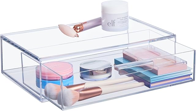 STORi Audrey Stackable Clear Bin Plastic Organizer Drawer | Organize Eyeshadow Palettes, Cosmetics, and Beauty Supplies on a Vanity | Made in USA
