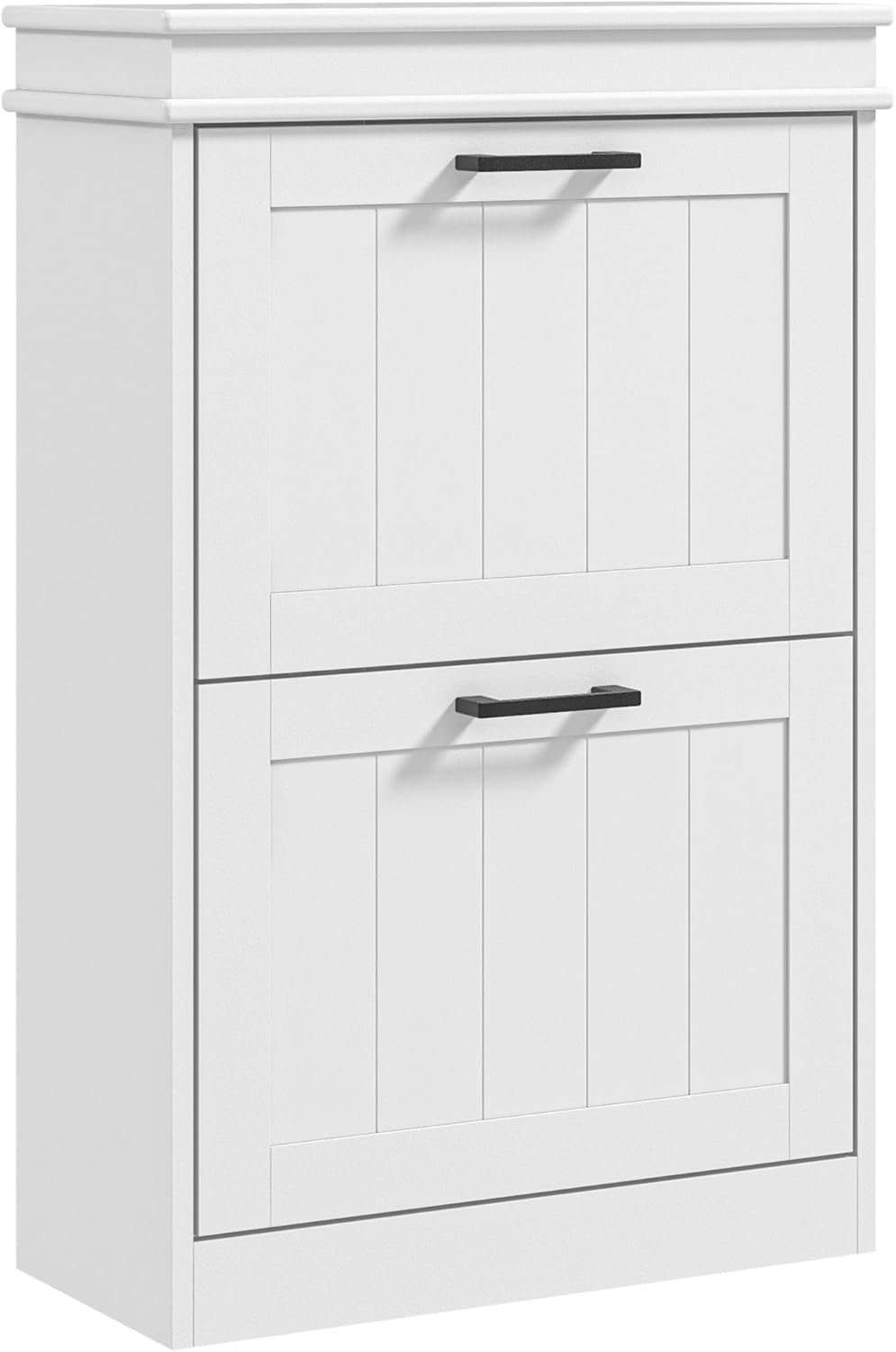 HOMCOM Narrow Shoe Cabinet with 2 Flip Drawers, Modern Freestanding Shoe Storage Cabinet with Adjustable Shelves for Entryway, Hallway, White