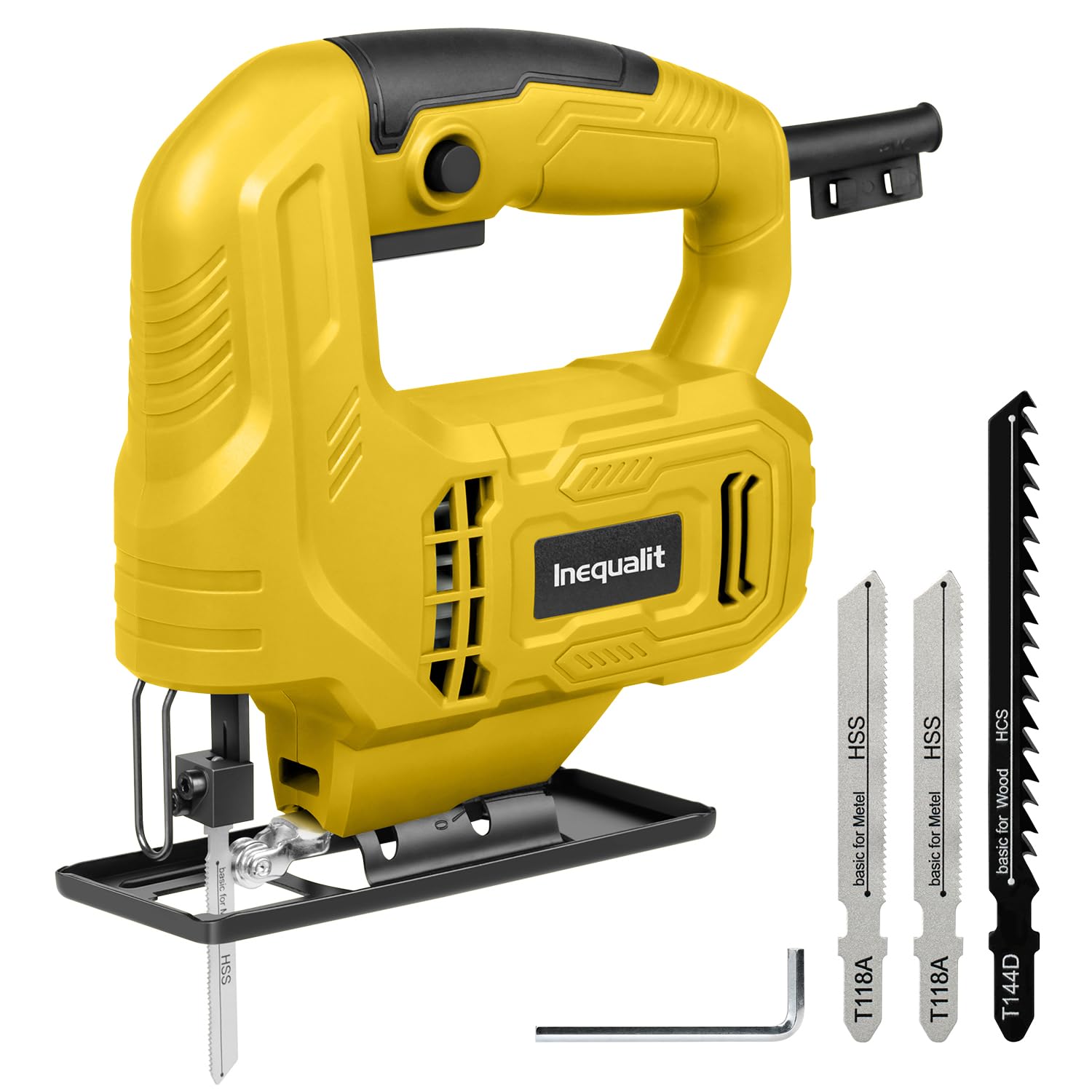Scie Sauteuse 400W Avec Variateur De Vitesse (0-3000 CPM) + Angle De Coupe Réglable (±45°) + Fonction Verrouillage + 3 Lames Incluses (Bois/Métal/Pvc)​,Jaune