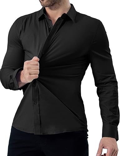 Vista 3 de ZAFUL Camisas de vestir para hombre, ajustadas, con botones, de manga larga, con cuello elástico, de algodón, sin arrugas, con botones