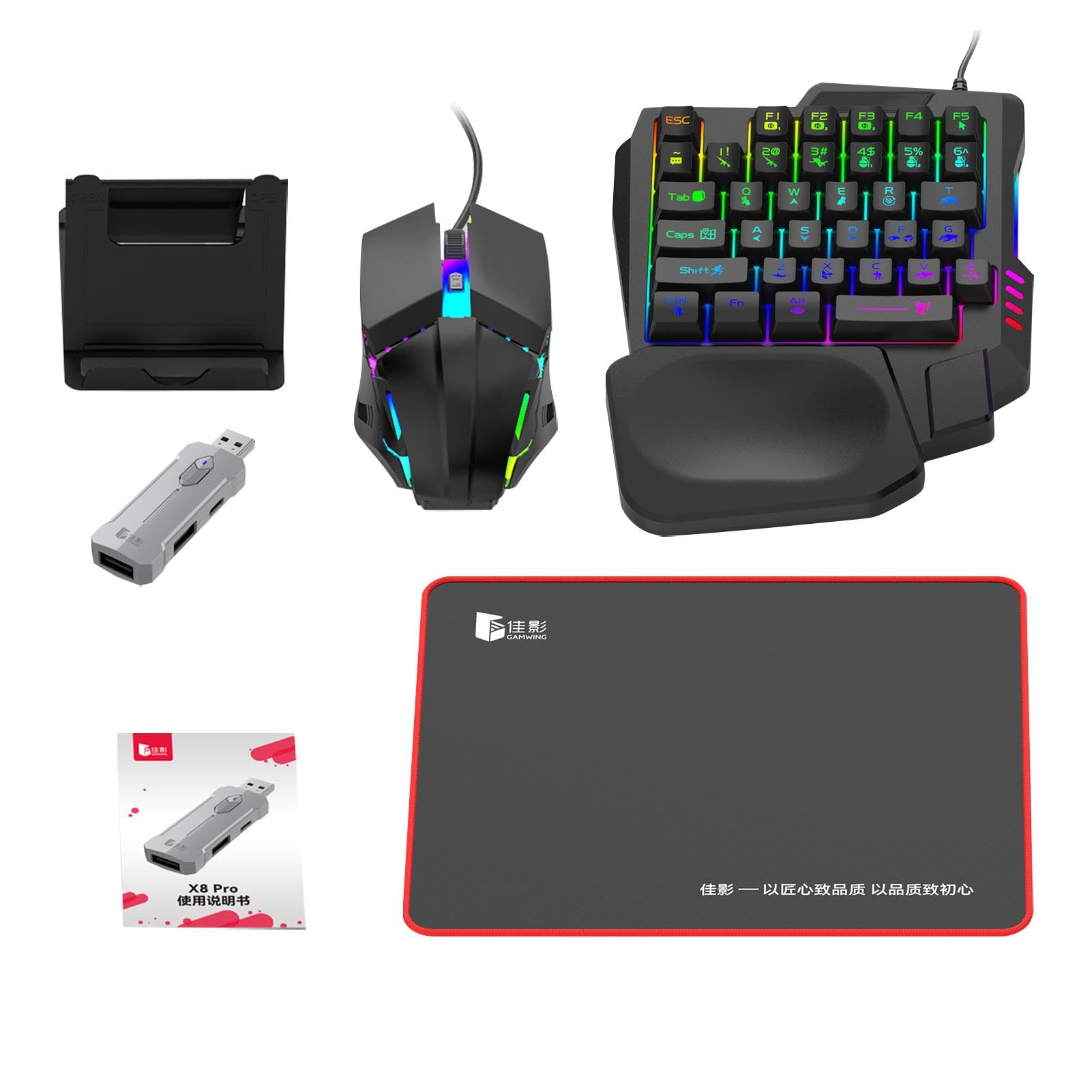 Juegos de convertidores de juegos para teléfono, teclado y mouse de juego de media mano de 35 teclas, convertidor de juegos móvil con retroiluminación LED RGB, adaptador de juego de media mano para un