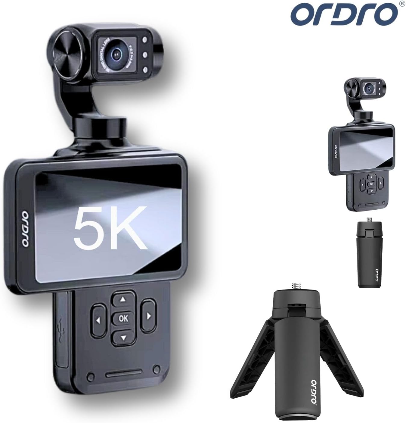 ORDRO M5 Handheld Pocket Camera, 5K Vlogging Camcorder, 3.5-inch Rotating Touch Screen, 3-Axis Stabilization Vlog Camera, IR Night Vision/WDR/Face Follow/Long Battery Life