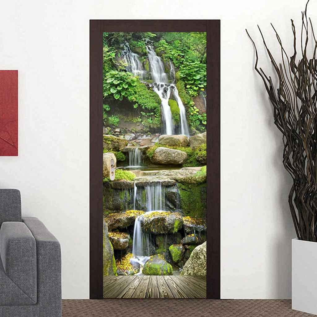 Autocollant Mural 3D Effet Cascade Rivière Montagne - 77x200 Cm PVC Imperméable - Pour Porte, Salon, Salle De Bain