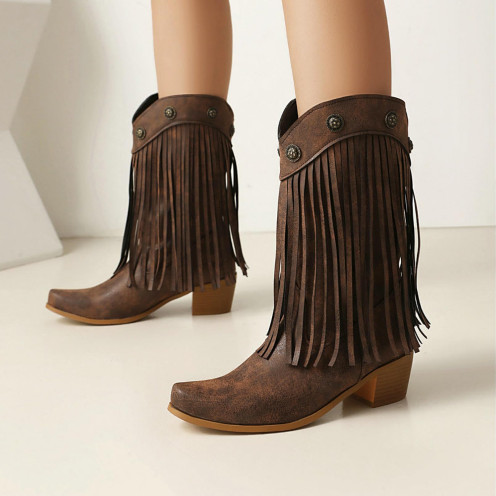 Generico Stivali Cowboy Vintage per Donne con Tacchio Spesso a Blocco, Frange Western e Dettagli con Puntini per Stile Country