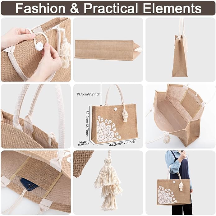 BLACKBOXES Jute Tote Bag for Women-Waterproof Beach Bag, Large Reusable Gift Bags, Gift Tote Bag for Her,Cute Tote Bag Pool Bag 4 61+AQ84 KzL