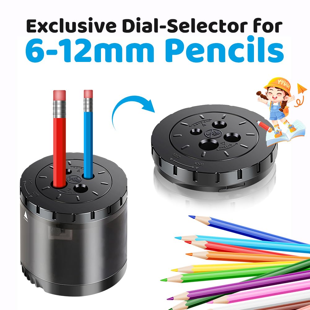 Taille-crayon électrique robuste USB et alimentation par batterie, 4 lames de rechange, 4 trous réglables pour crayons d'art de 6 à 12 mm, taille crayon automatique de grande capacité, noir