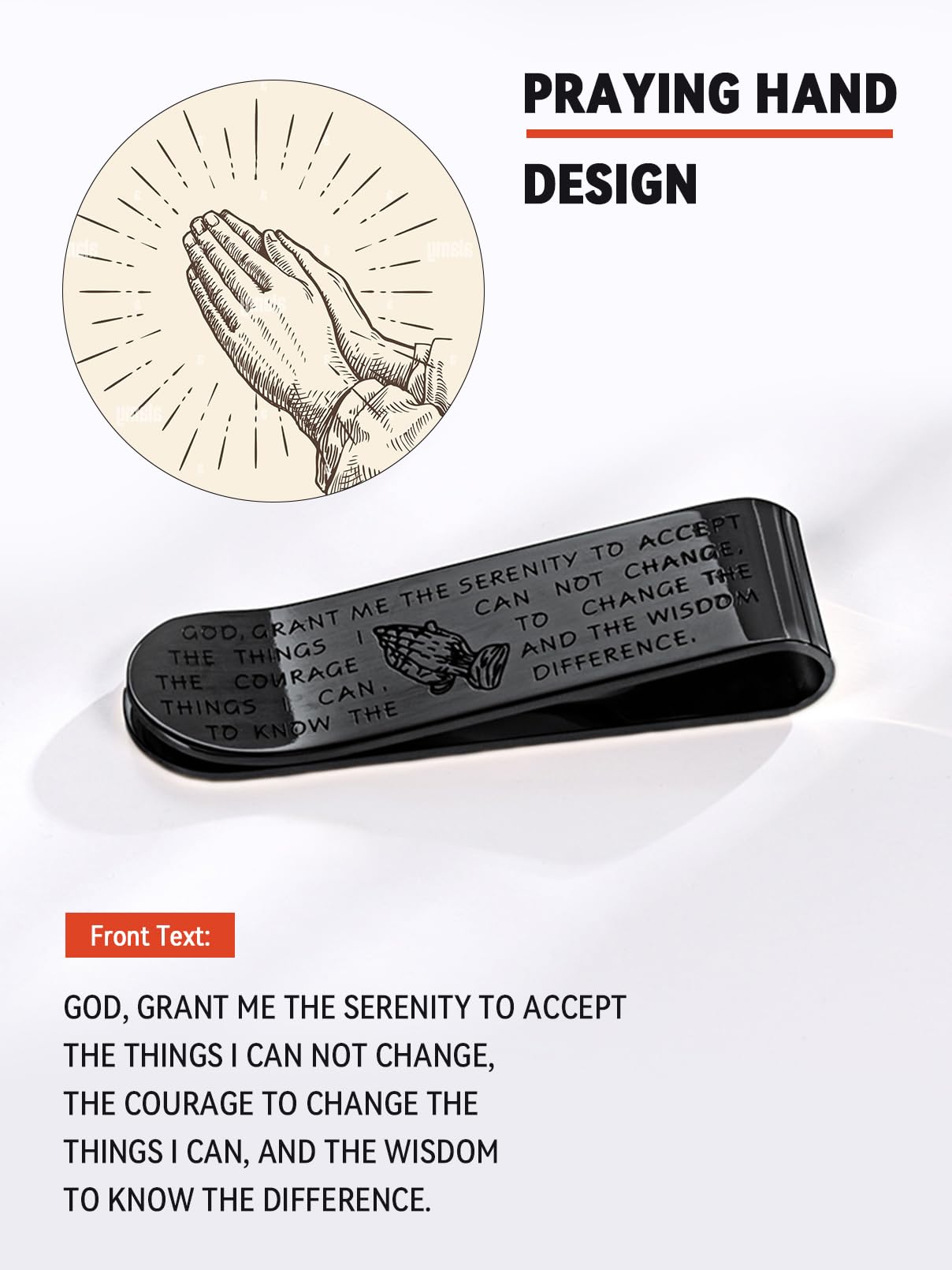 FaithHeart Pinza Hombre para Billetes Tarjetas Acero Inoxidable 316L Clip de Dinero Metal Accesorio Equipaje Pinza Religiosa Biblia Mano de Oración