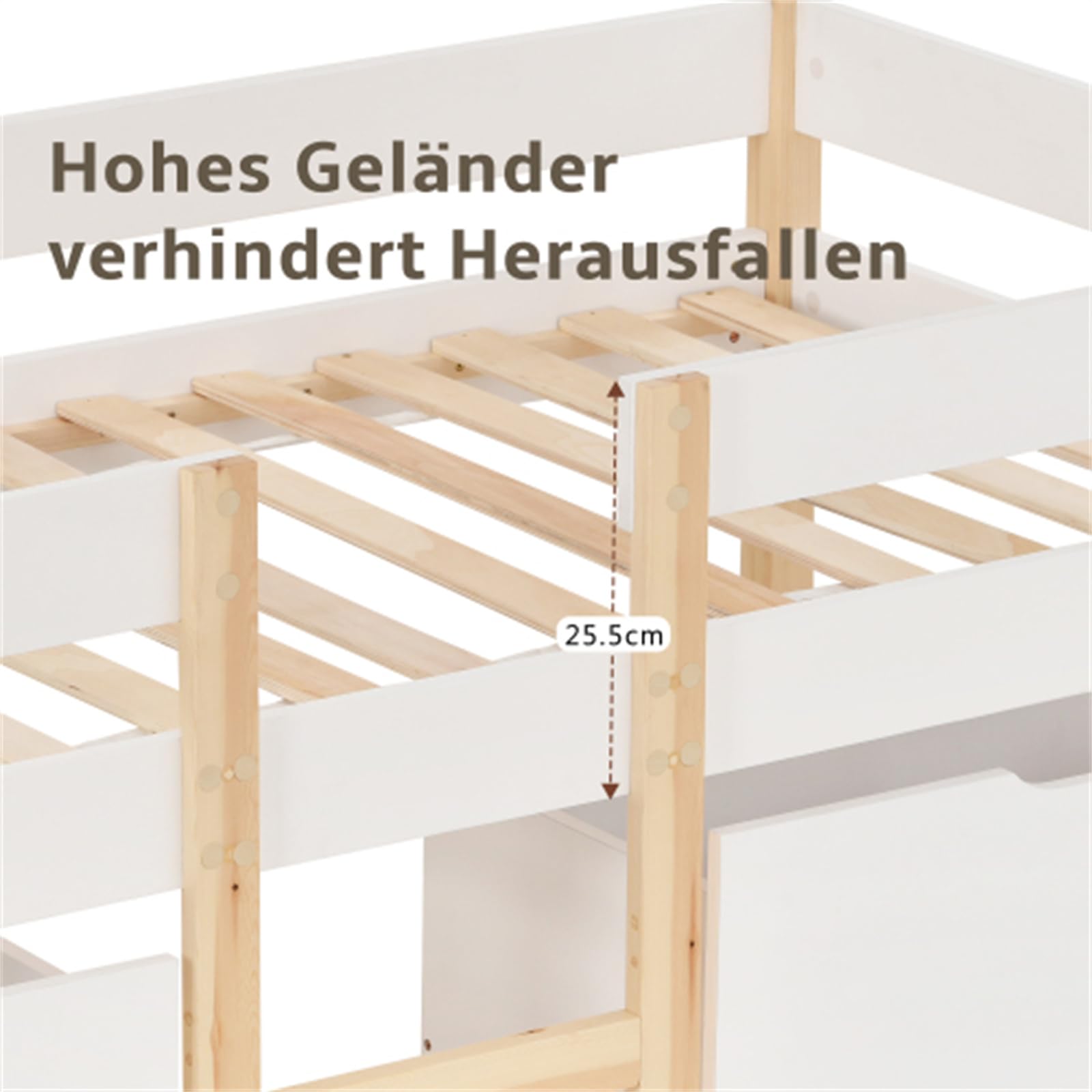 Cama alta para niños, habitaciones juveniles, madera de pino maciza, 90 x 190 cm, cama de almacenamiento multifuncional con cajones y protección contra caídas, colchón no incluido