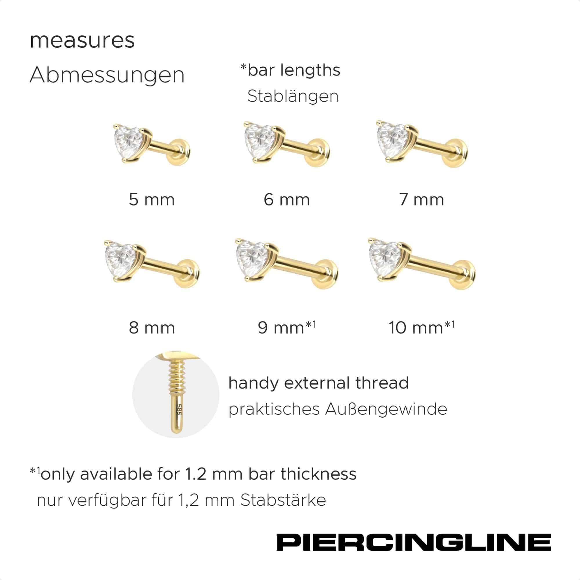 PIERCINGLINE Piercing Stecker 14 Gold Labret mit Innengewinde MOISSANIT-HERZ 585er Gold - Roségoldfarben, Goldfarben, Silberfarben