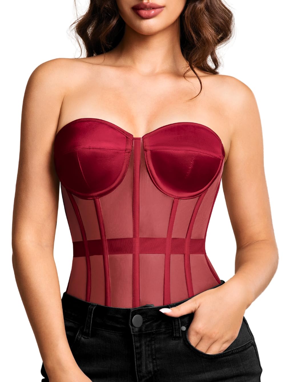Kaei&amp;Shi Women's Strapless Mesh Corset Top, Padded Lace-Up Bustier