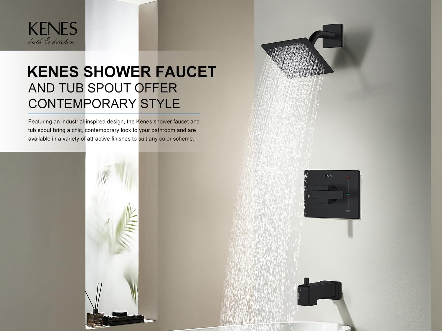 KENES Tub Shower Faucet Set Complete, Matte Black Tub and Shower Trim Kit with 6-Inch Rain Shower Head, Square Shower System, KE-6025A-2 (Shower Valve Included)