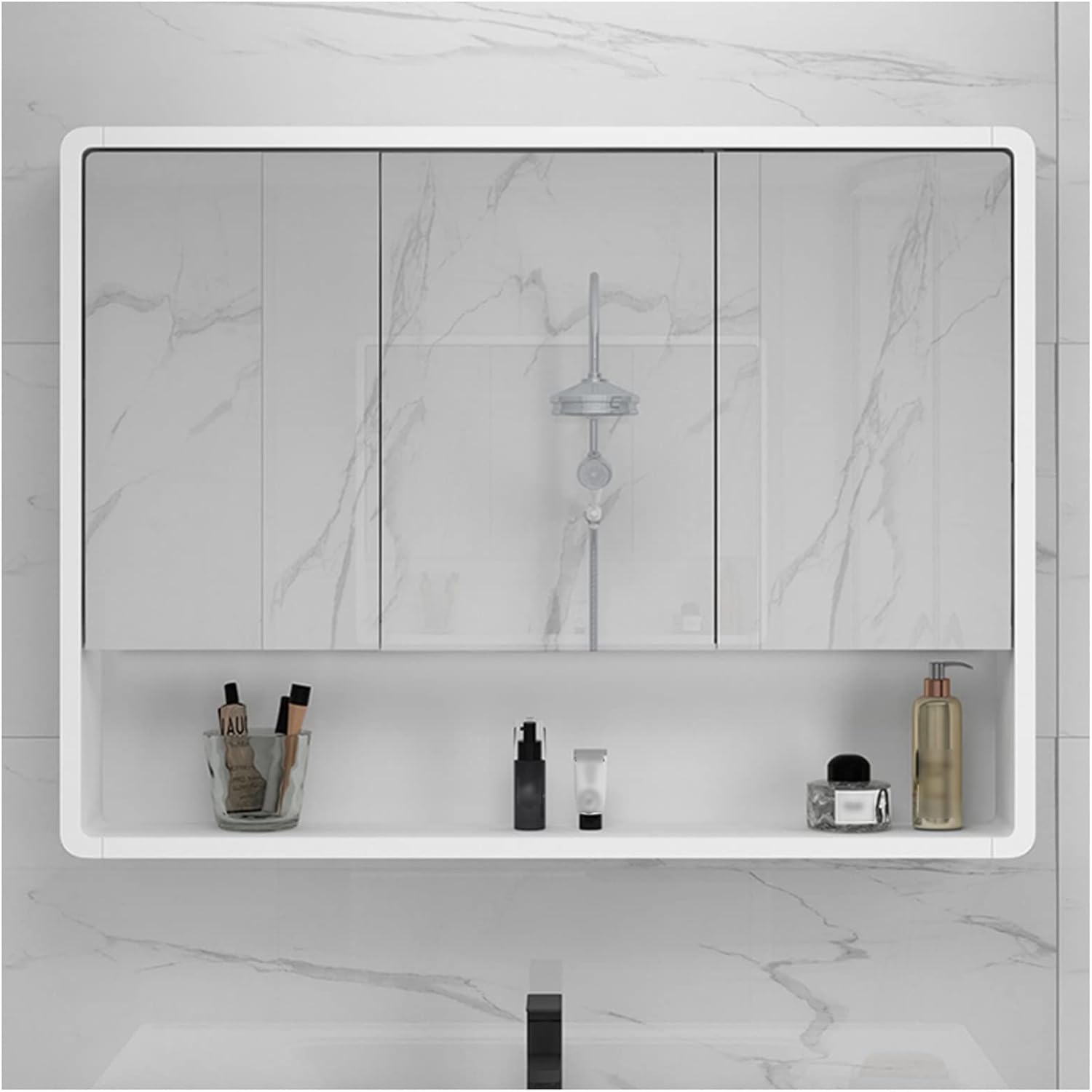 Rectangular Makeup Mirror Cabinet with Triple Doors - Wall-Mounted Bathroom Storage, White, 90cm - Stylish Dressing Mirror for Efficient Organization and Space-Saving