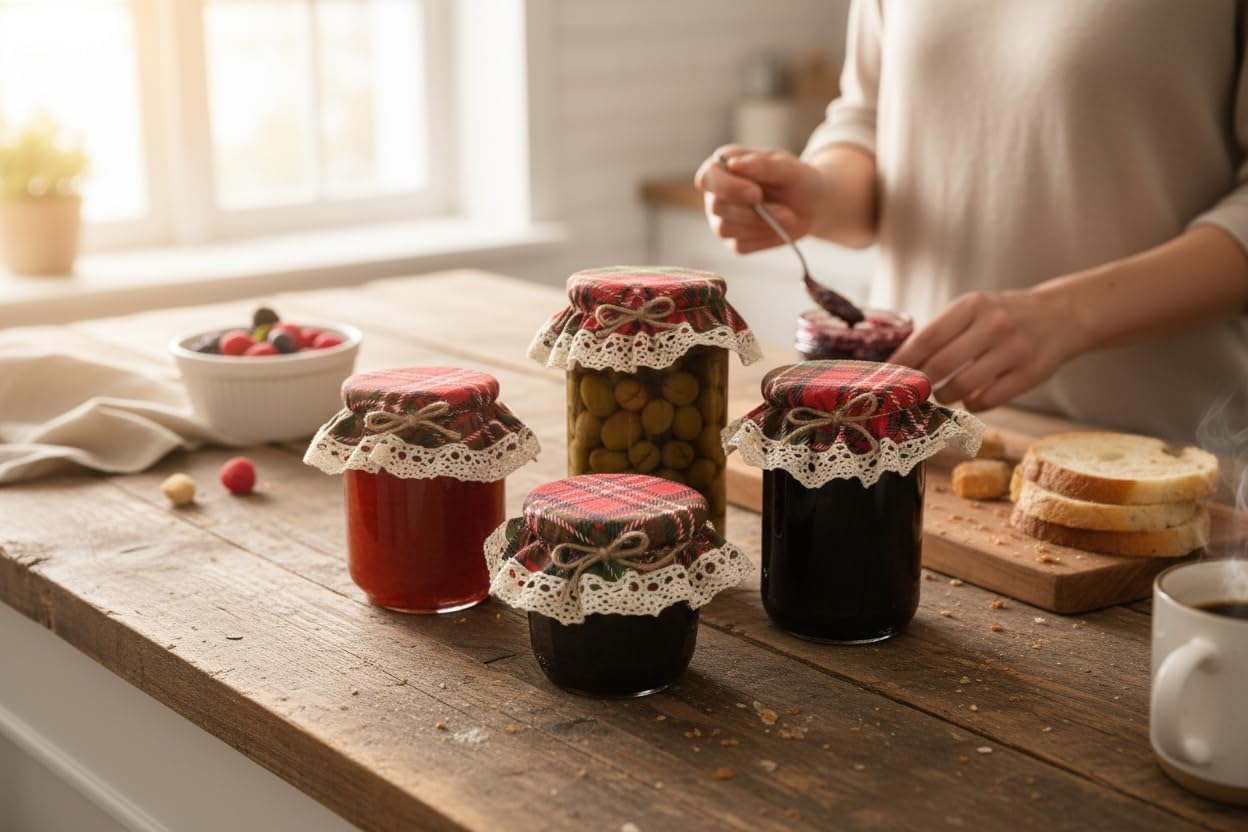 10 Pieces Elastic Jar Cover Cloth - 100% Cotton - Stretchy Colorful (Red and Green) Plaid Pattern - Breathable Fermentation Lid Bowl - Reusable Elastic Cloth Jar Covers
