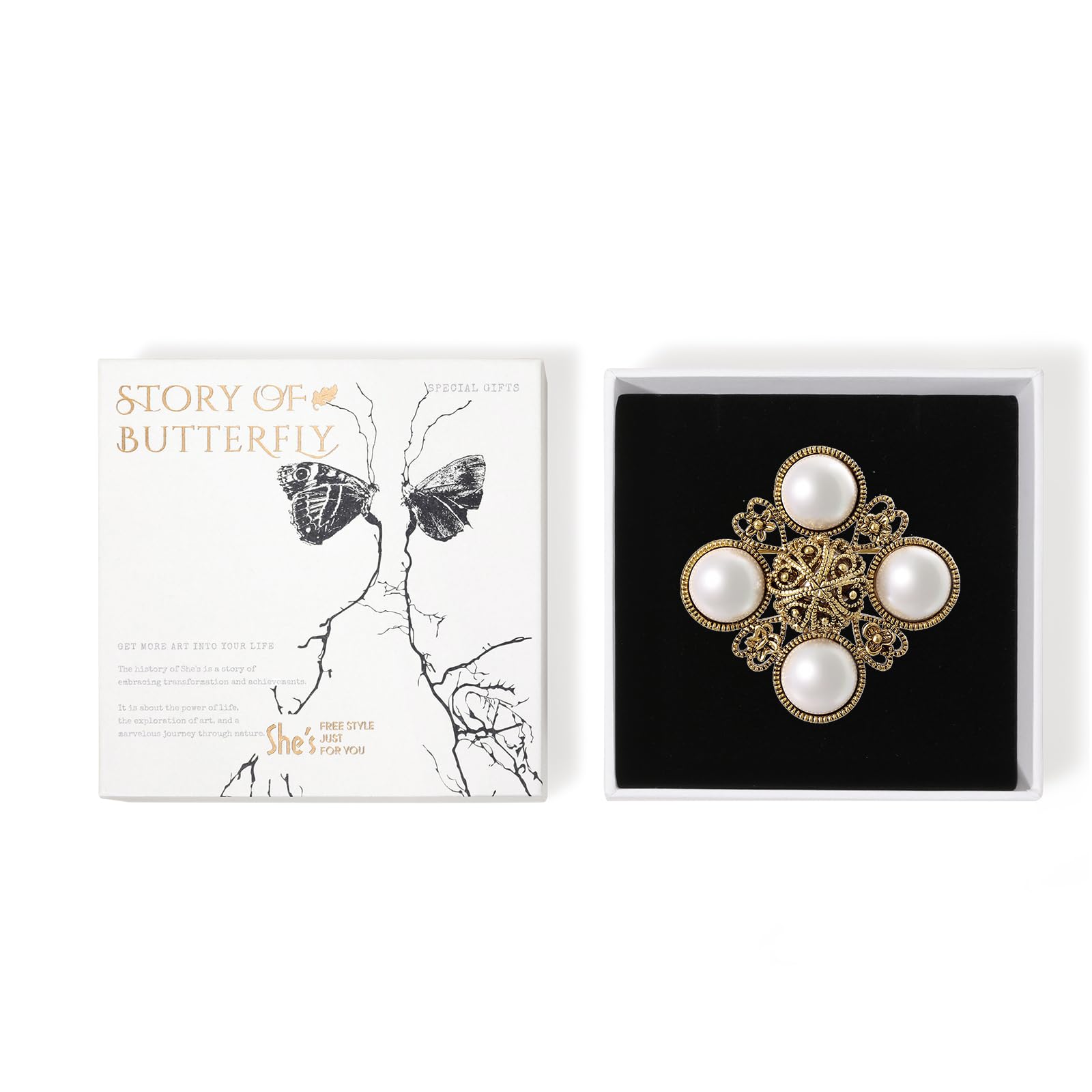 Spilla vintage barocca con perle, SHE'S FREE STYLE JUST FOR YOU [Dream Love] Squisita spilla in lega con perle accessorio per donne, spilla da donna in metallo retrò chic, con processo di placcatura