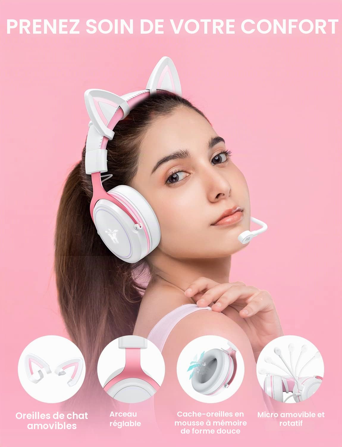 PHNIXGAM Casque de Jeu avec Oreilles de Chat, Casque Filaire avec Micro antibruit, Son Surround, pour PS4, PS5, Xbox One (sans Adaptateur), PC, Mobile, rétroéclairage RVB Blanc et Rose
