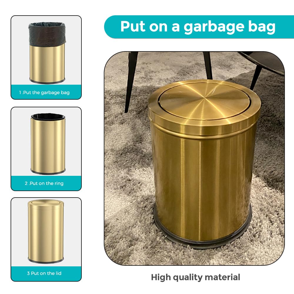 4 Gallon Gold Bathroom Trash Can with Lid, Metal Brushed Waste Basket, Modern Garbage Can for Bedroom Powder Room Hotel Living Room Office Home (Gold)