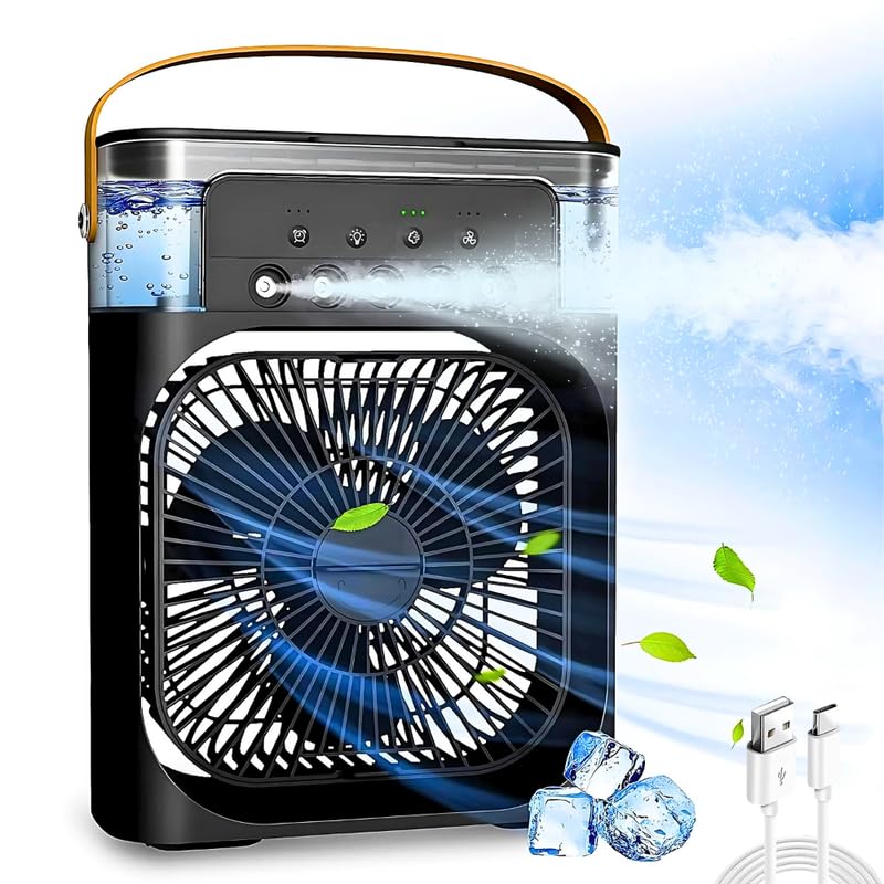 Drumstone 𝟏𝟓 𝐘𝐞𝐚𝐫𝐬 𝐆𝐮𝐚𝐫𝐚𝐧𝐭𝐞𝐞 Mini Evaporative Cooler with LED Light, USB Type-C Powered Personal Air Cooler Fan, 3-Speed Wind, 3 Mist Modes, Timer Function, for Office Desk 𝐁𝐥𝐚𝐜𝐤