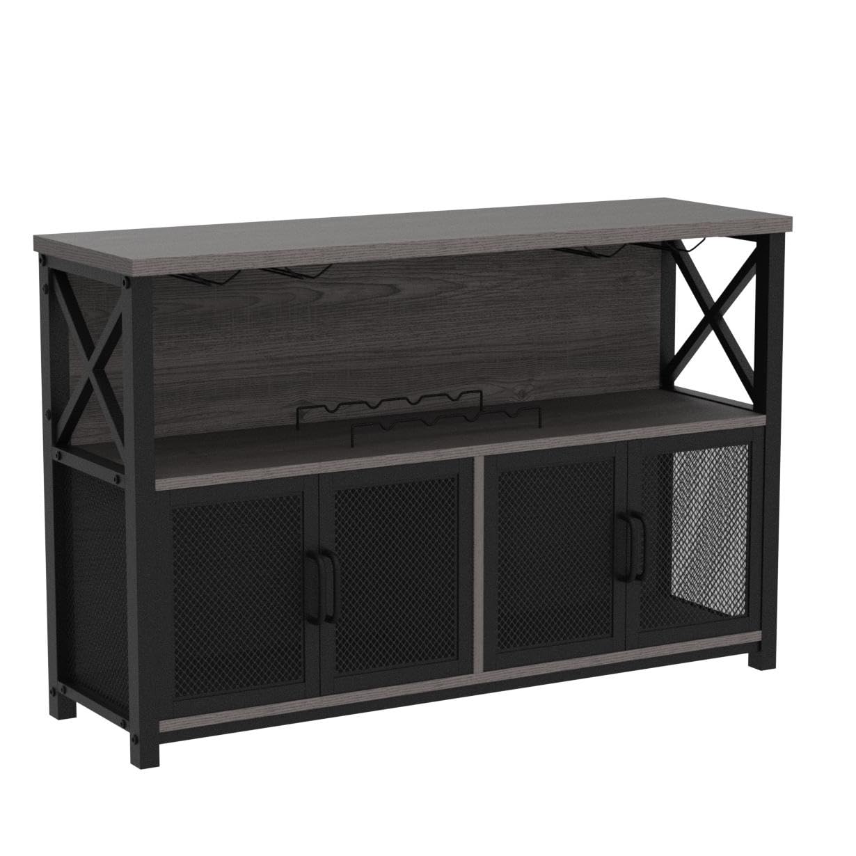 LVB Gabinete de bar de vinos, gabinete industrial para licor y vasos, aparador moderno con estante de almacenamiento, bar rústico de licor para cocina, comedor, sala de estar, roble gris oscuro, 47