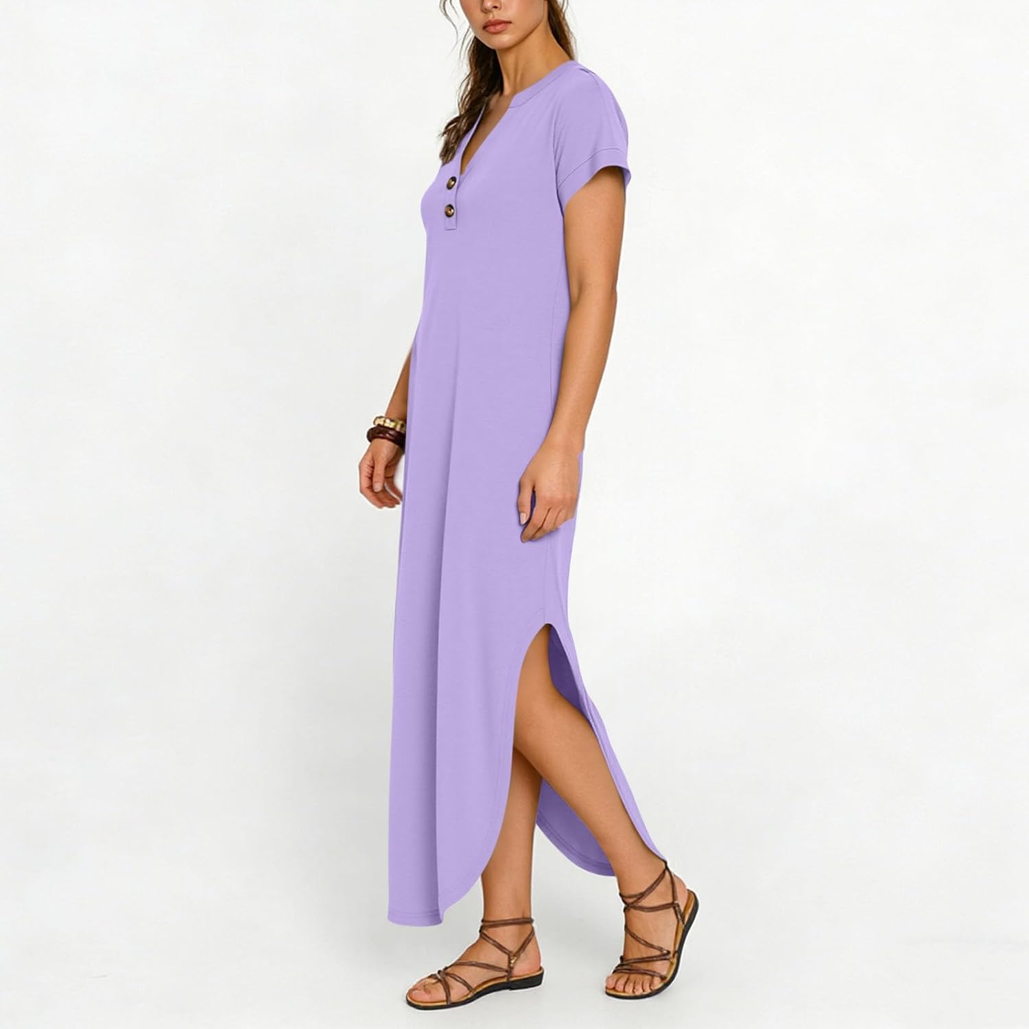 Womens Summer Casual Maxi Dress Short Sleeve V Neck Split Travel Sundress Button Loose Fit Beach Vacation Clothes