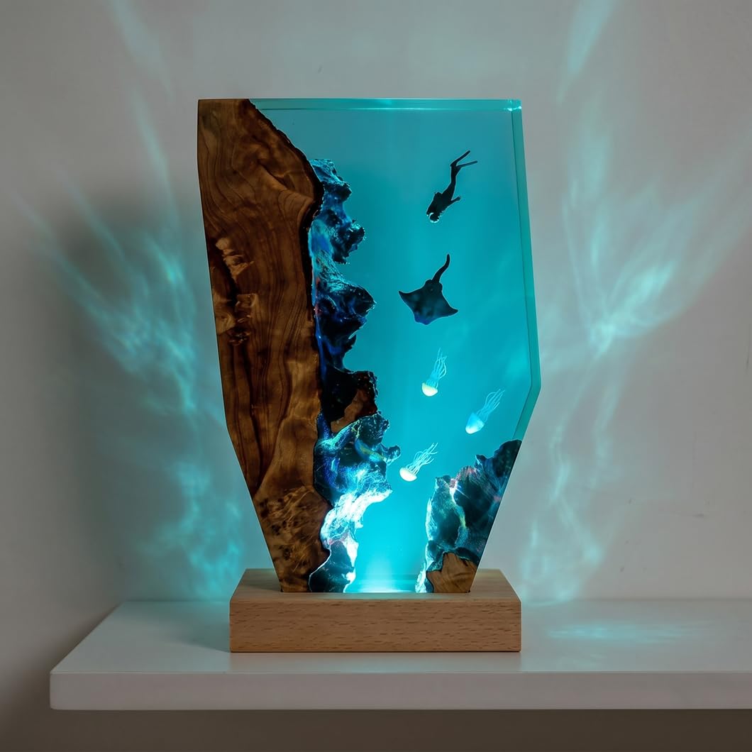 Tiefseetaucher Resin & Massivholz Lampe – USB-dimmbare Nachtleuchte mit Mantarochen & Quallen 3D-Dekoration, handgefertigtes Epoxidharz-Kunstobjekt für Schlafzimmer, Wohnzimmer, Büro (22*13*3.5cm)