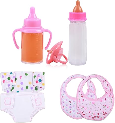 Juego de accesorios para muñecas de bebé, 7 piezas, juego de alimentación y cuidado con botellas mágicas que desaparecen, chupete, pañales y