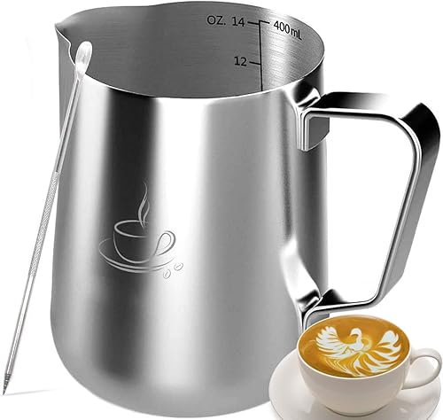 Jarra para espumar leche de acero inoxidable con medidas dentro de la jarra espumadora con pluma para hacer arte en la espuma de leche Casual
