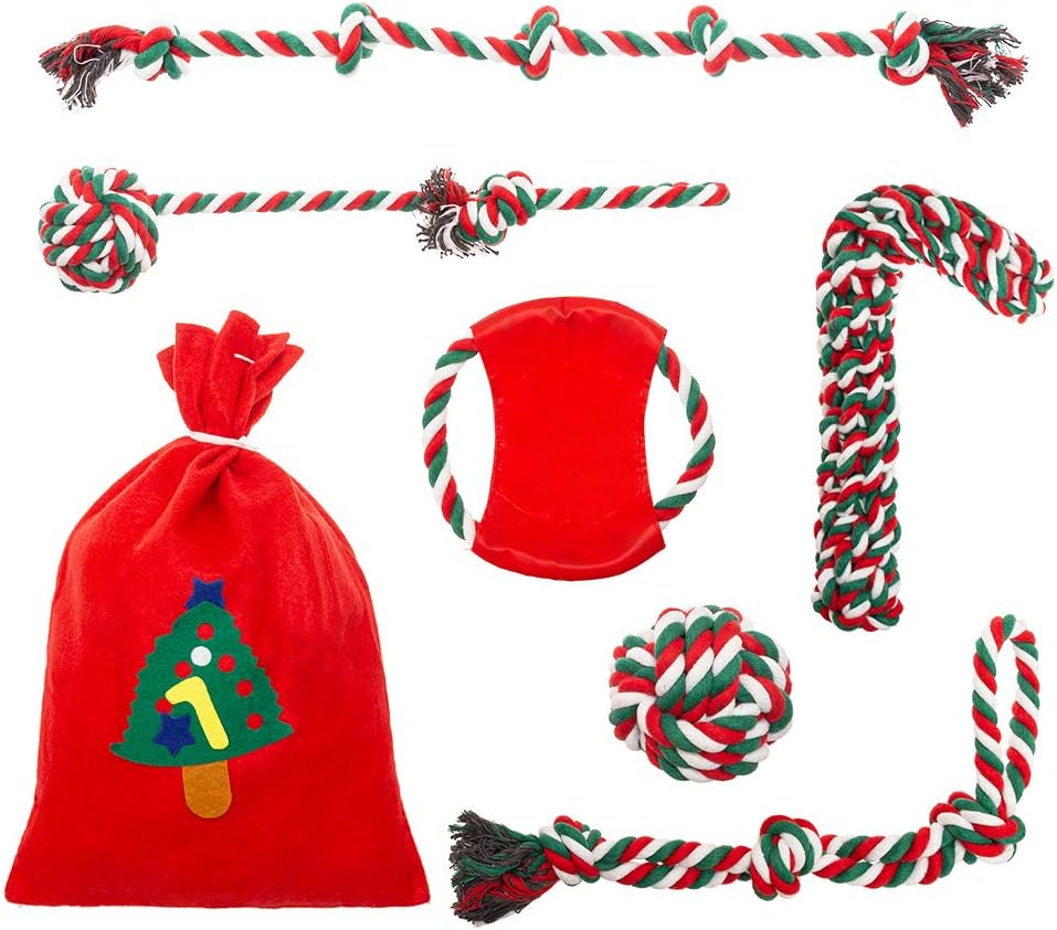 PAWCHIE Christmas Rope Dog Toys 6 Pack Xmas Dog Chew Toys and Training Toys Including Rope Toys & Frisbee for Medium to Large Dogs