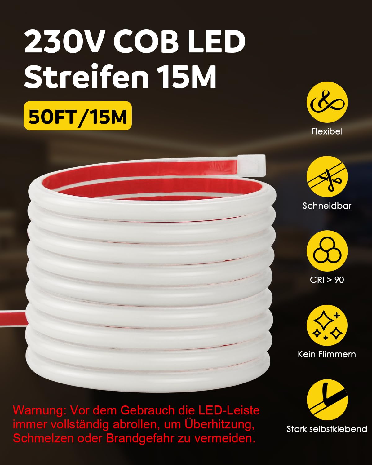 Aclorol COB LED Streifen Warmweiß 230V 15M 3000K LED Strip Wasserdicht IP67 | LED Band mit Schalter und 1,5M langes Anschlusskabel, Plug & Play, für Terrasse Garten Balkon Carport Außenbeleuchtung