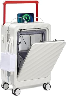 Somago Carry On Luggage Wide Handle 20 Inch Suitcase with Front Compartment Aluminum Framed PC Hardside 22x14x9 No Zipper Business Baggage with Spinner Wheels USB Charging Port TSA Lock