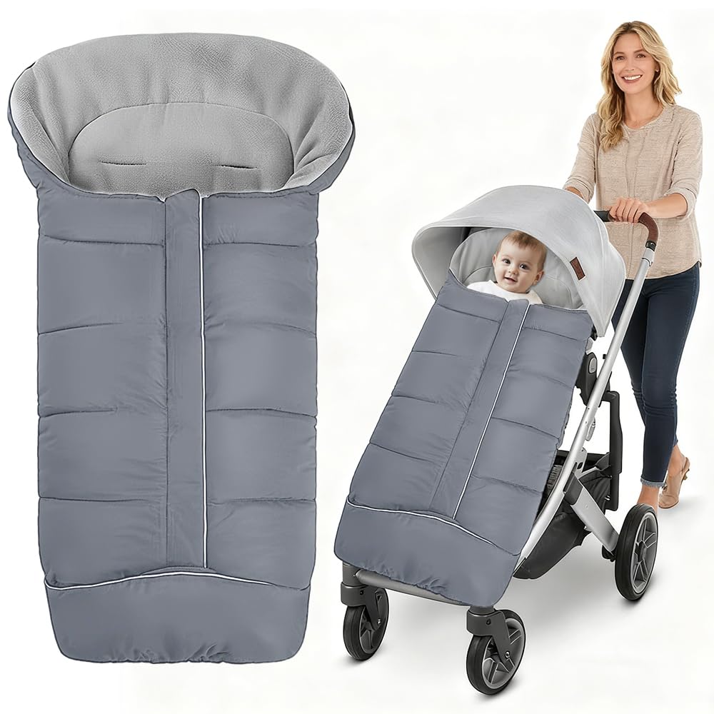Footmuff for Pushchair Universal, Winter Pram Footmuff for Baby with Drawstring, Warm Waterproof Windproof Cosy Toes with Zipper, Fleece Lined,Washable, for Newborn Buggy Stroller (Gray)