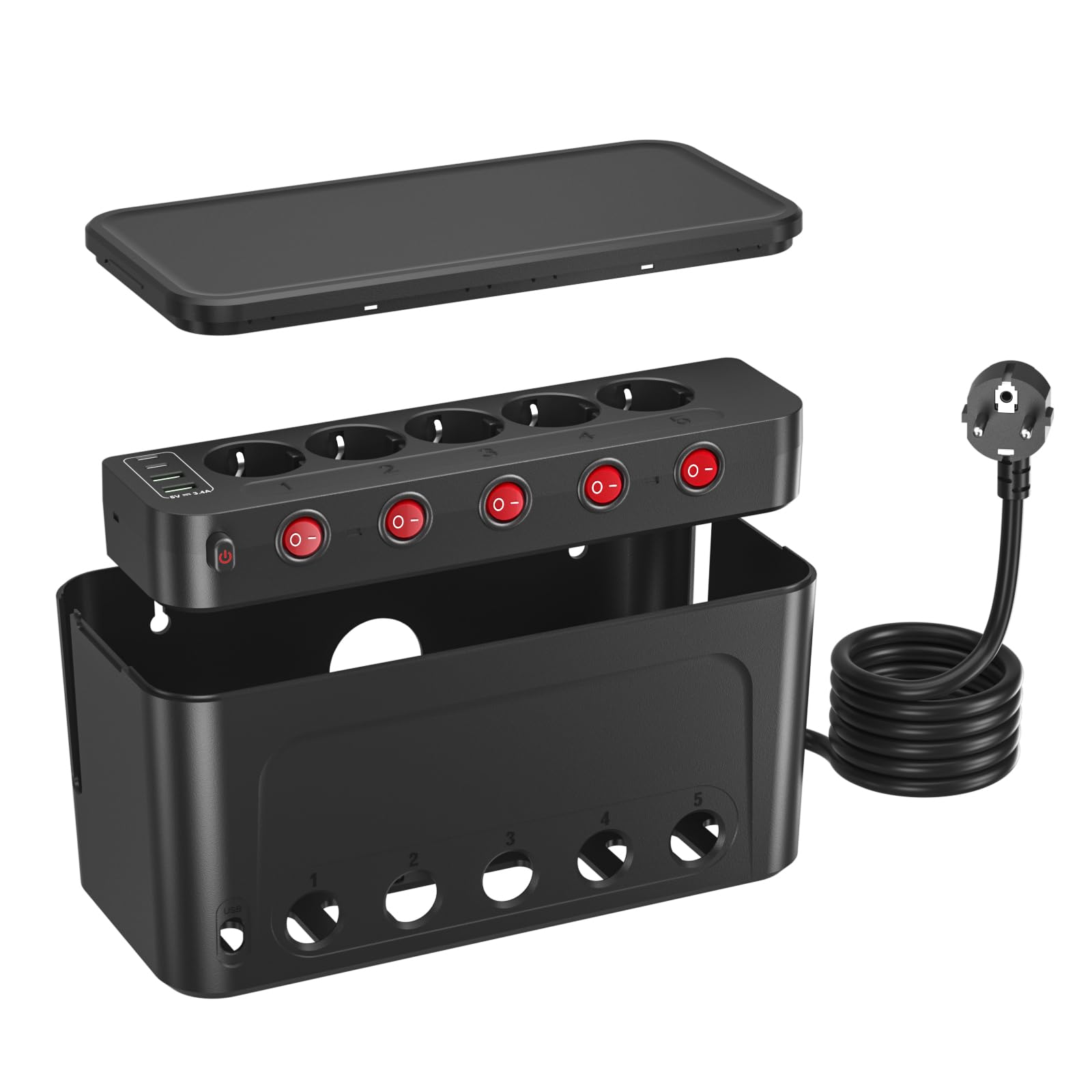 Scatola Portacavi con Ciabatta Multipresa USB, Presa Multipla Salvaspazio 5 Prese con 4 USB,Scatola Nascondi Cavi Ciabatta 5 Schuko,Cable Tidy Box,Organizzatore Nascondi Fili - Grande,Cavo 1,5M,Nero