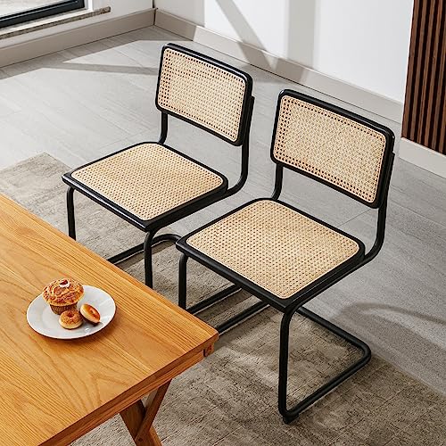 Jirain Rattan Dining Chairs Set Of 2, Mid Century Modern Dining Chairs With Cane Backrest & Black Metal Leg, Modern Side Chairs Breuer Designed, Upholstered Dining Living Room Kitchen Chairs #TOP1
