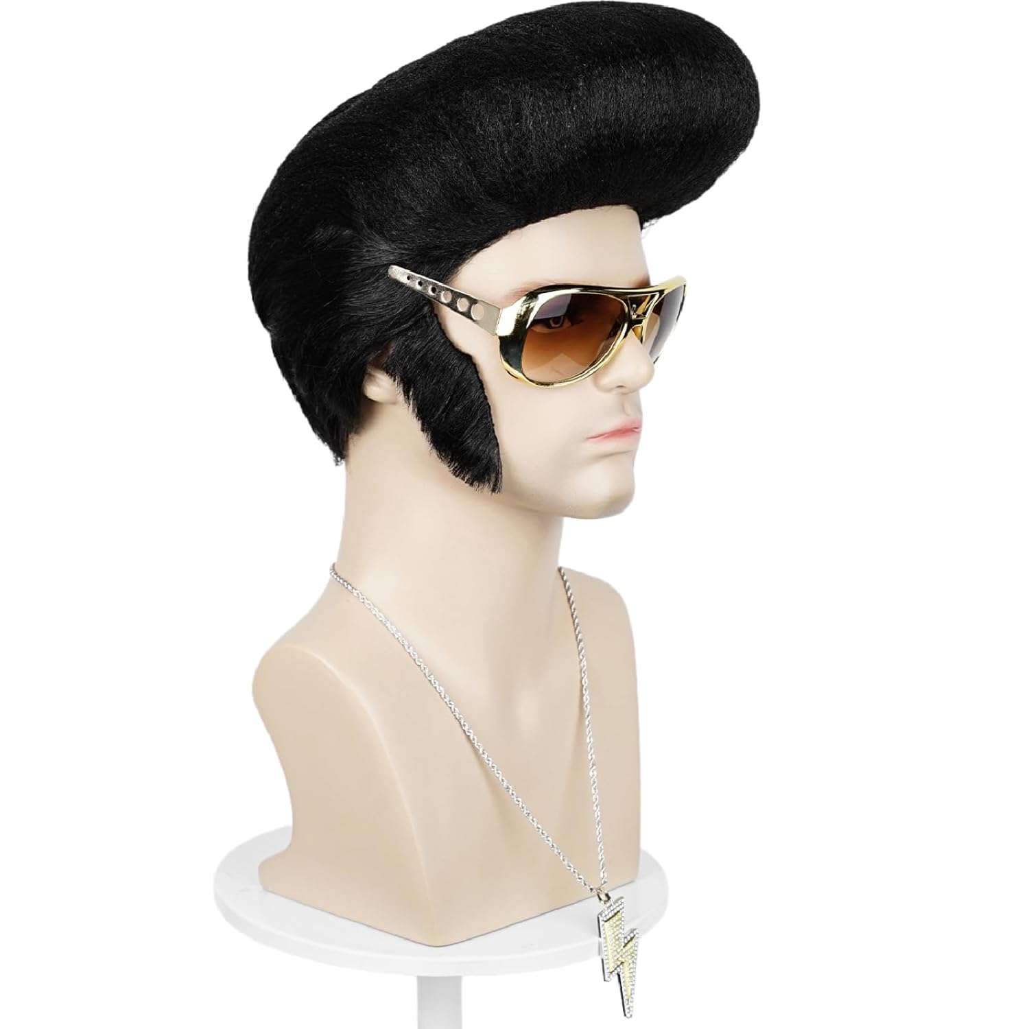 Pre-styled Man Wig and Glasses Necklace, Black Wig with Sideburns Men 50s Rock Star Disco Singer Hair Wig Rocker Costume for Halloween Cosplay Party + Cap - Image 8
